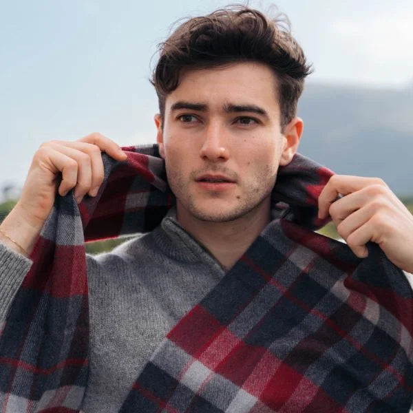 Écharpe Mérinos Damier Charbon Argent Rouge