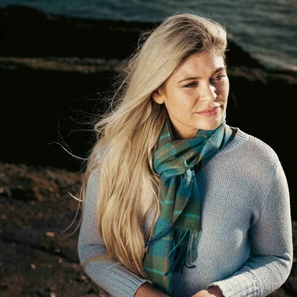 Écharpe Mérinos Carreaux Denim Vert