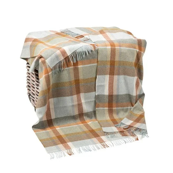 Plaid en Laine Mérinos Carreaux Vert Rouille Moutarde