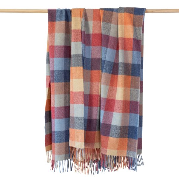 Plaid En Laine D'agneau Mérinos - Damier Bleu Orange Rouge Chevrons 3167