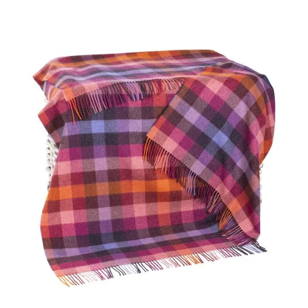 Plaid en Laine Damier Rose Pivoine Violet Orange