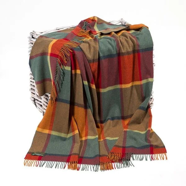 Plaid en Laine Carreaux Orange Vert Jaune Bordeaux