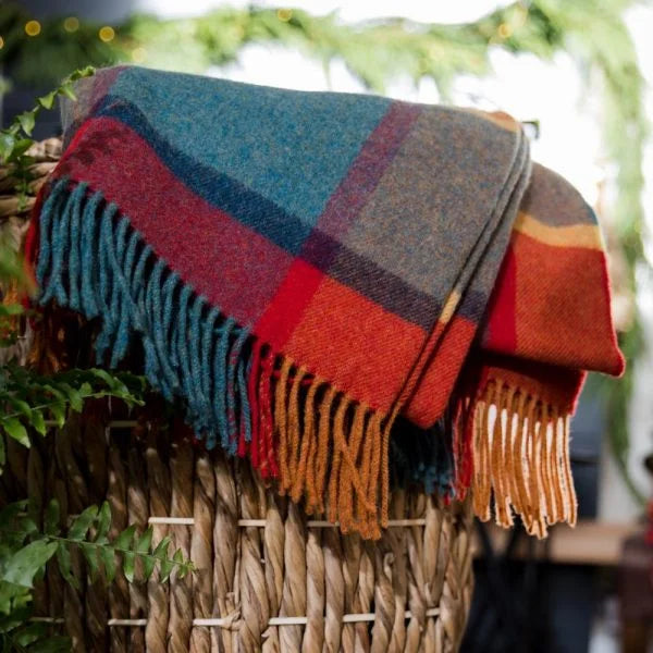 Plaid en Laine Carreaux Orange Vert Jaune Bordeaux