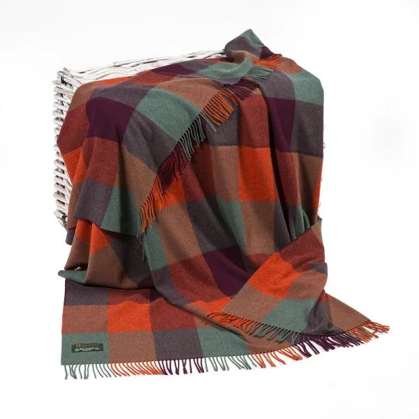 Plaid en Laine D'agneau Damier Orange Marron Vert  - John Hanly