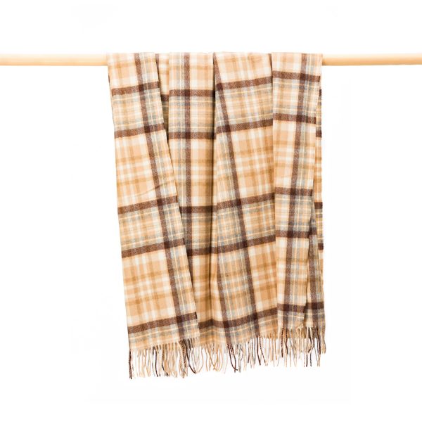 Plaid en Laine Carreaux Camel Gris Crème Marron