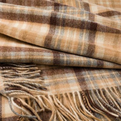 Plaid en Laine Carreaux Camel Gris Crème Marron