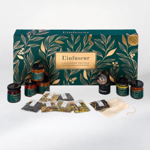 Contenu du calendrier de l'Avent Prestige L'infuseur : thés, infusions et mini-confitures