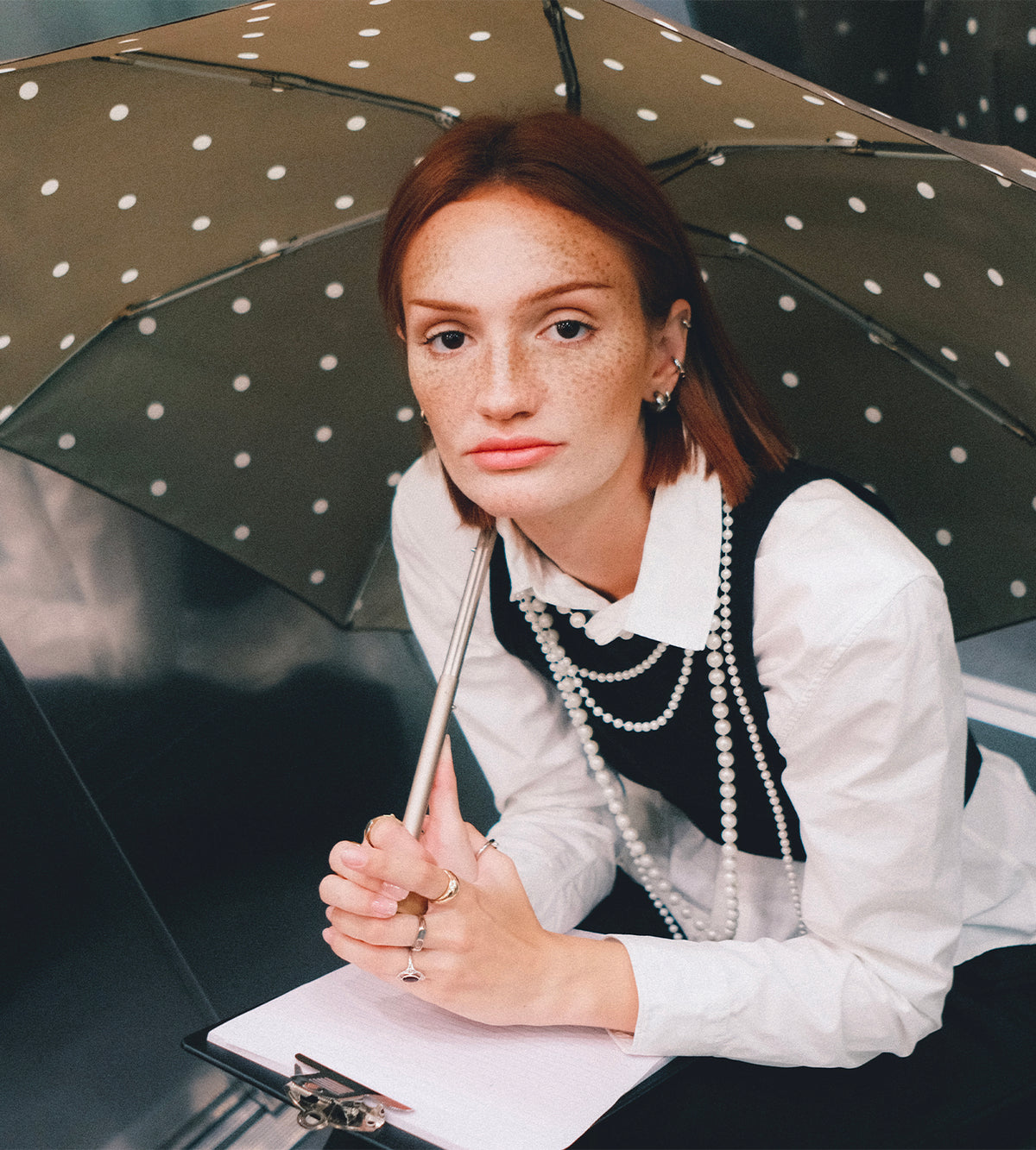 Parapluie compact - Angélique Kaki pois blancs