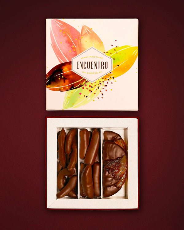 Assortiment Fruits confits enrobés de chocolat 70% Pérou