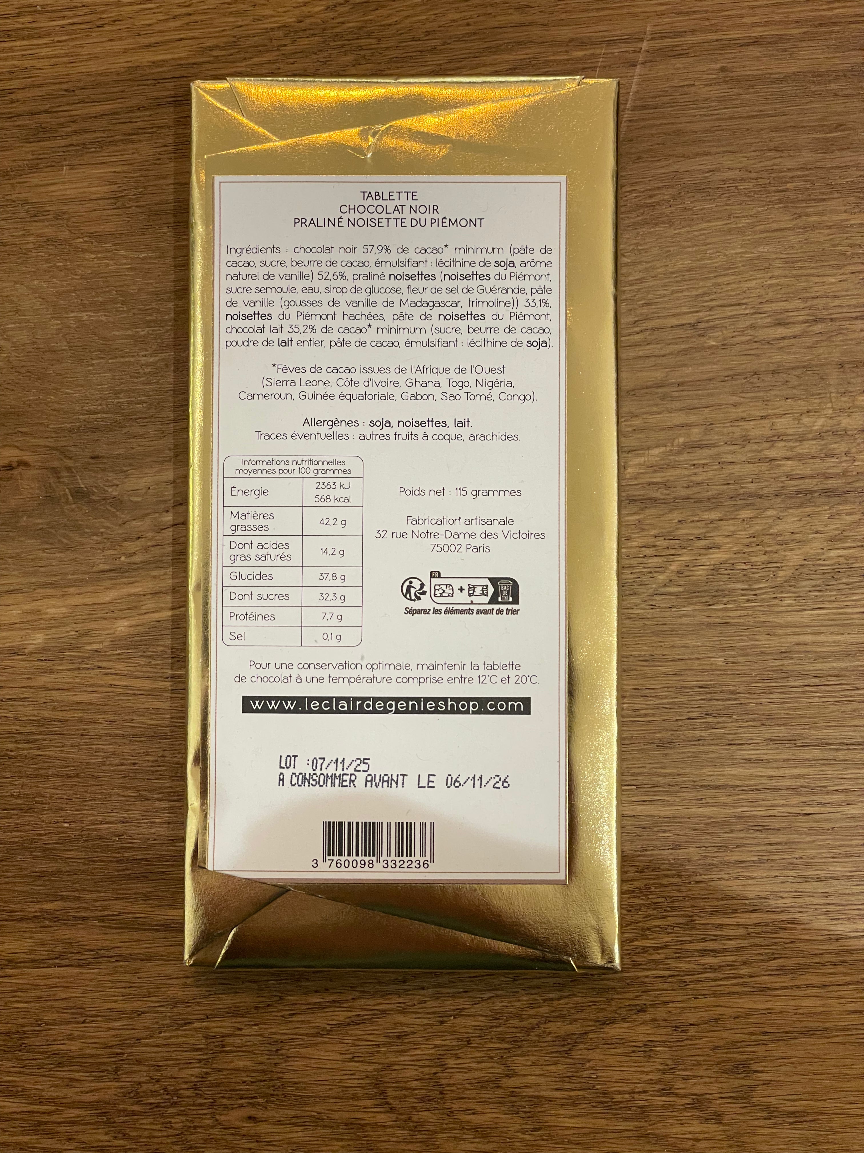 Tablette Chocolat Noir Fourrée Praliné Noisette de Noël