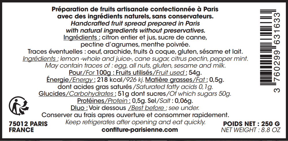 Confiture Parc des Buttes Chaumont Citron et menthe poivrée