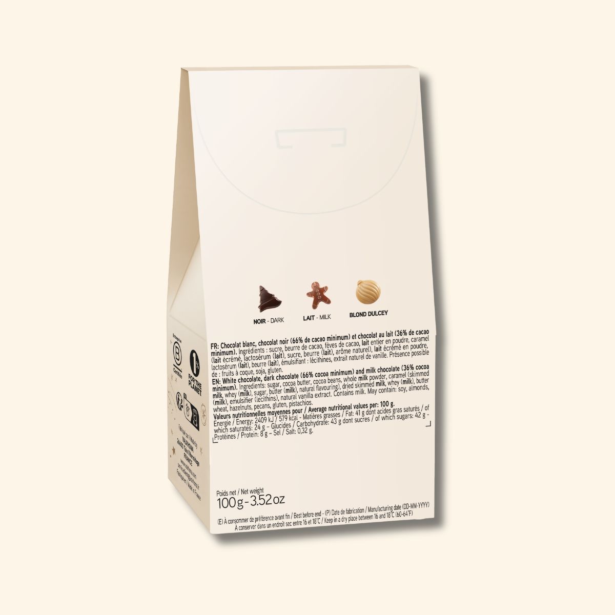 Chocolats noir, lait et Dulcey de l'étui Douceurs de Noël Valrhona