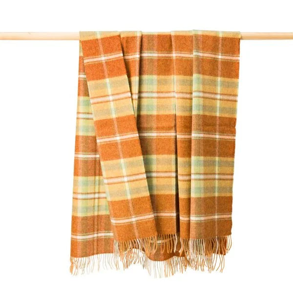 Plaid en Laine Mérinos Carreaux Orange Rouille