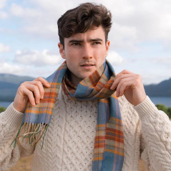 Écharpe Mérinos Carreaux Mer Vert Rouille - John Hanly