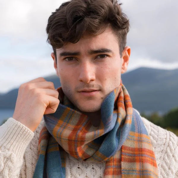 Écharpe Mérinos Carreaux Mer Vert Rouille - John Hanly