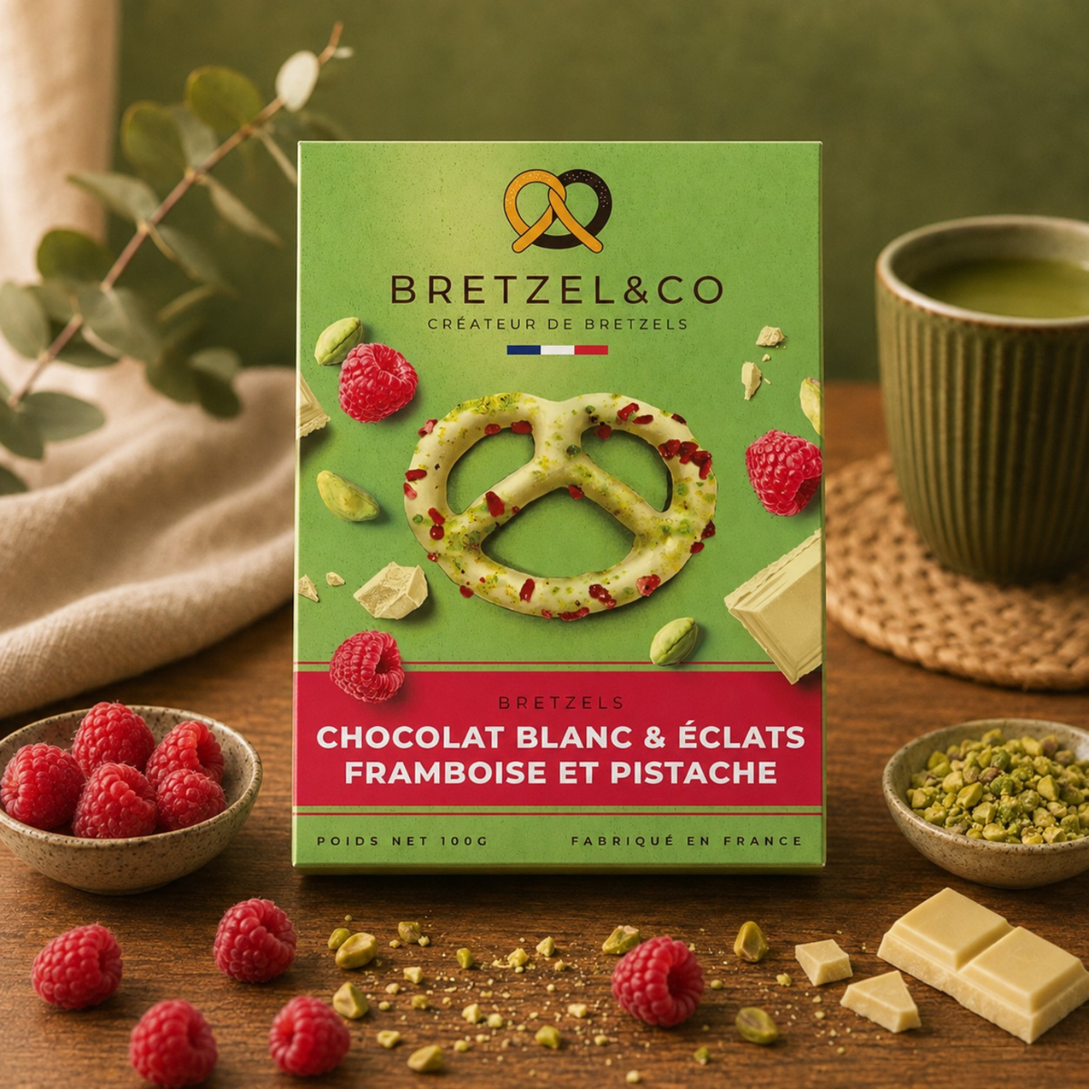 Bretzels - Chocolat blanc & éclats framboises et pistaches