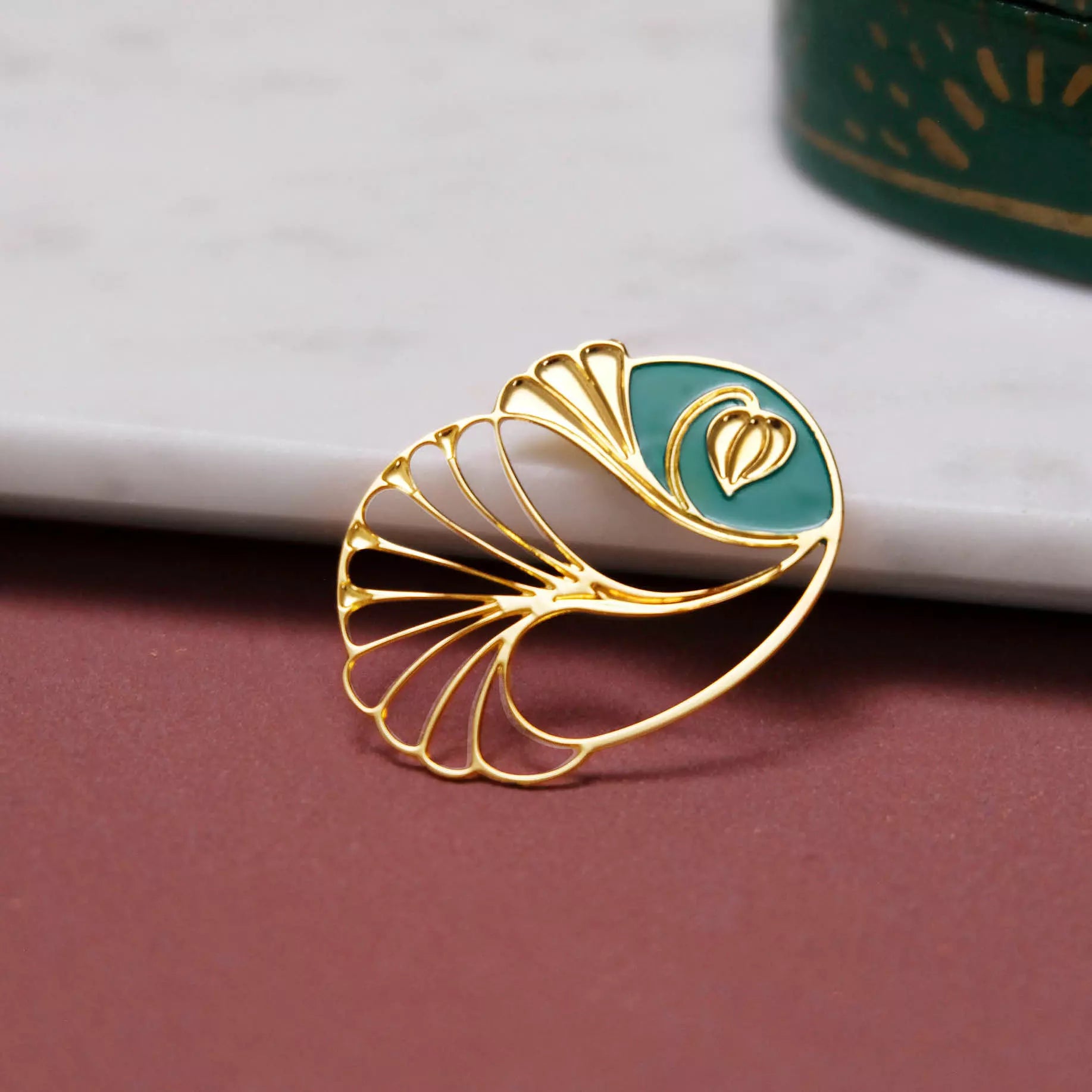Broche Magnétique Art Nouveau Palmette Emeraude