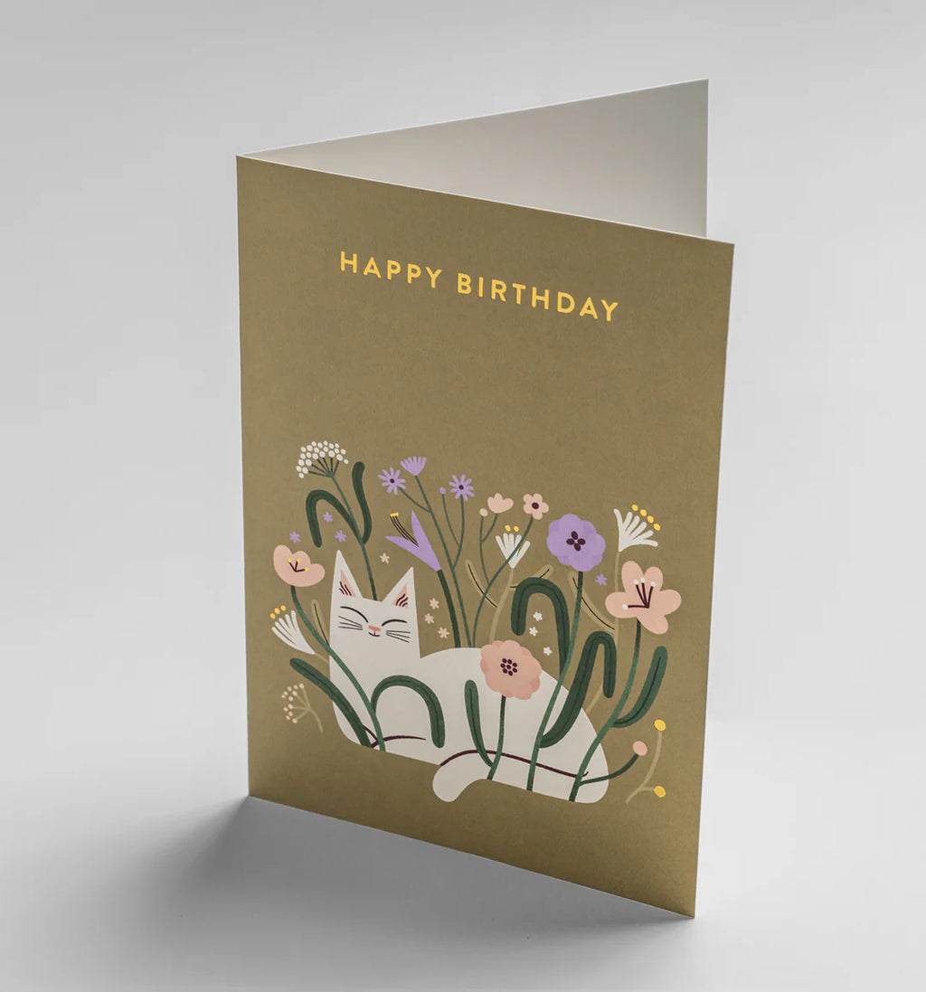 Carte Happy birthday Chat Fleurs