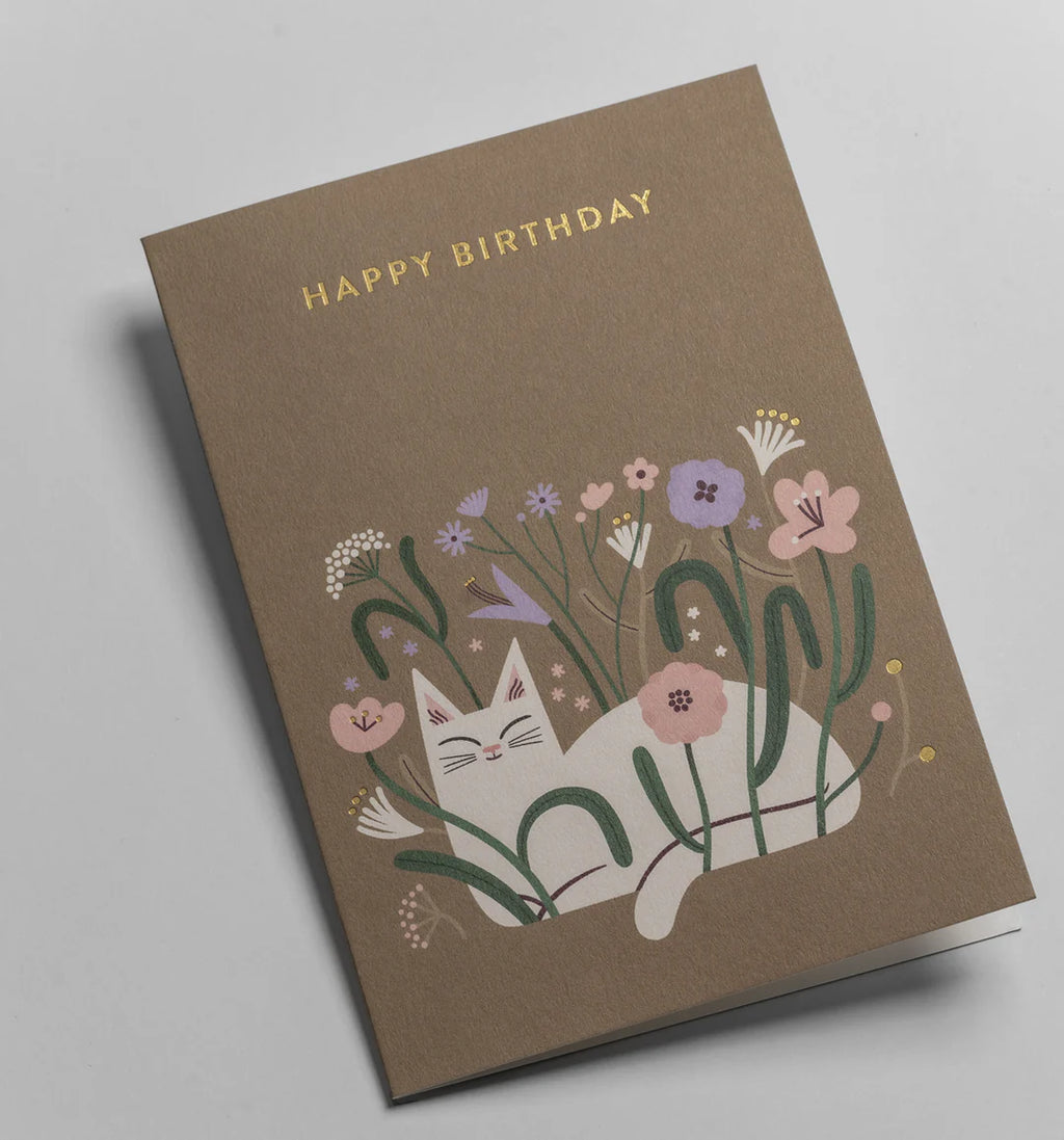 Carte Happy birthday Chat Fleurs