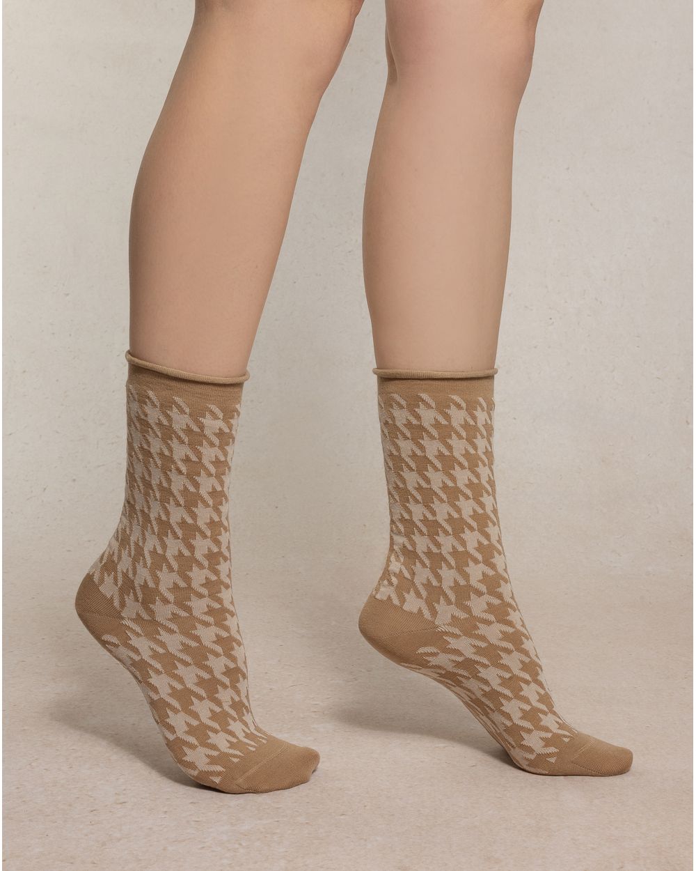 Chaussettes Laine Fine Pied de Poule Fauve