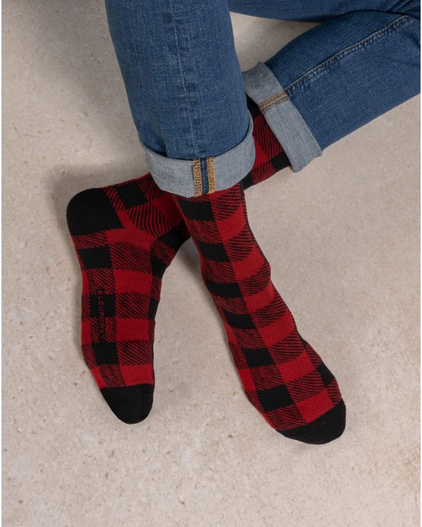 Chaussettes Laine Merinos Damier Noir/Rouge