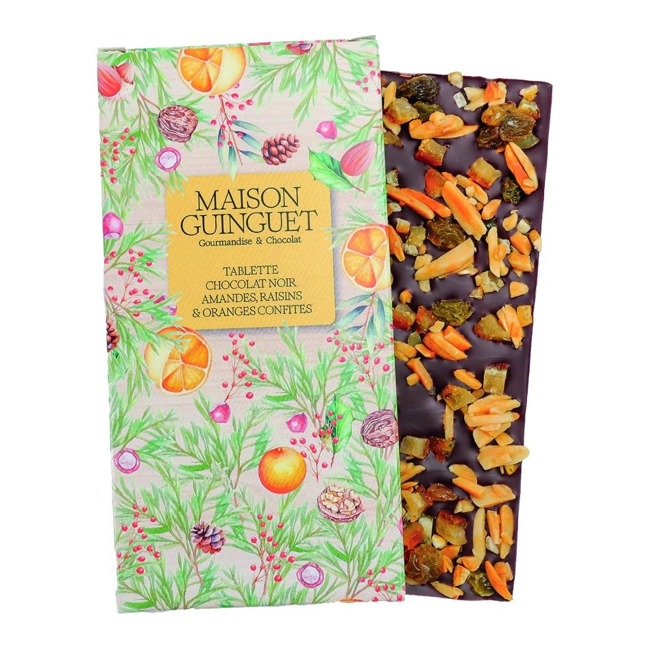 Tablette de Noël – Chocolat noir, amandes, raisins et oranges confites