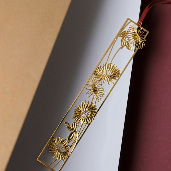 Gold metal ribbon bookmark - Art Nouveau Peony