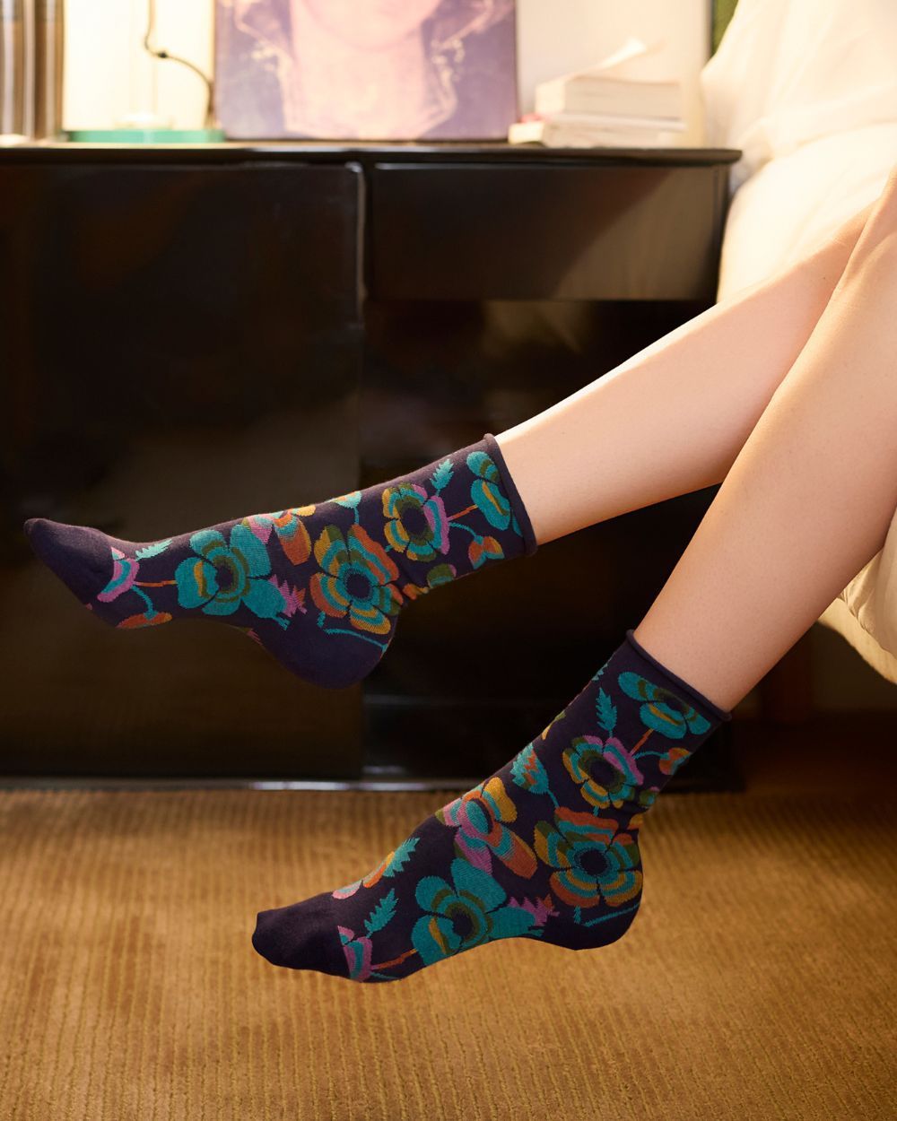 Chaussettes veloutées Fleurs - Encre