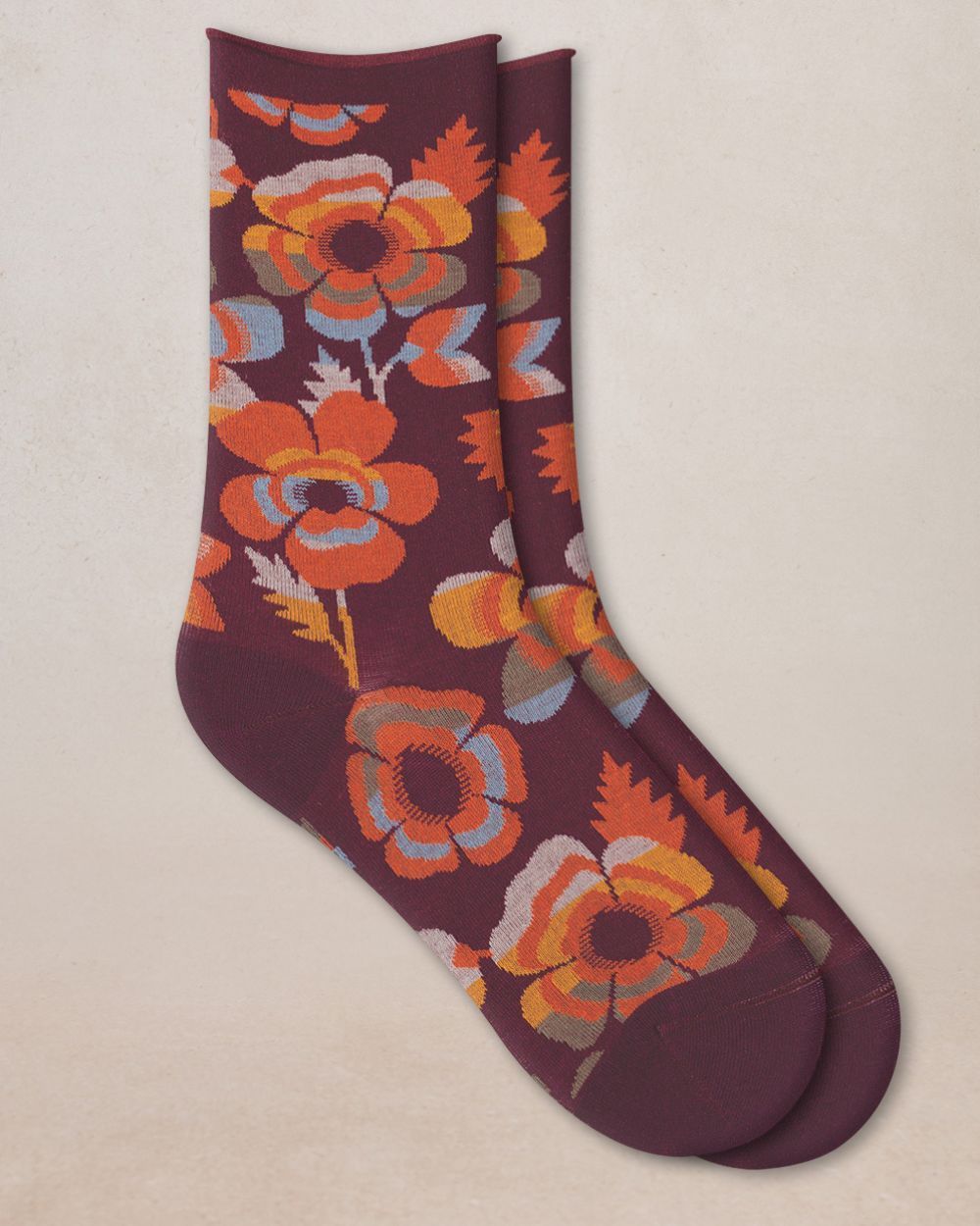 Chaussettes veloutées Fleurs - Prune
