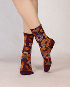 Chaussettes veloutées Fleurs - Prune